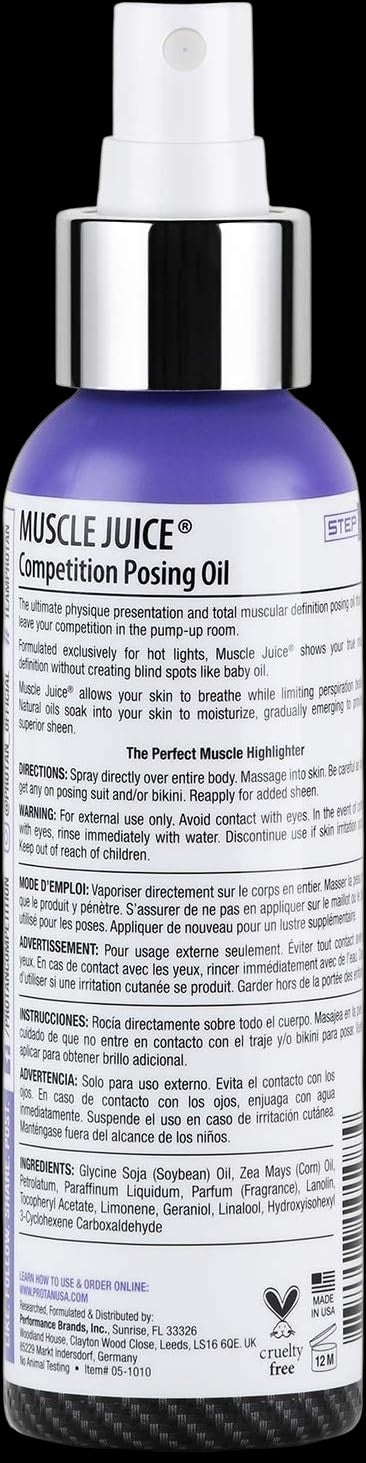 Pro Tan, Jugo muscular, aceite para posar de máxima definición, aceite de escenario, evento de fitness, modelado, sesión de fotos, 4 onzas.